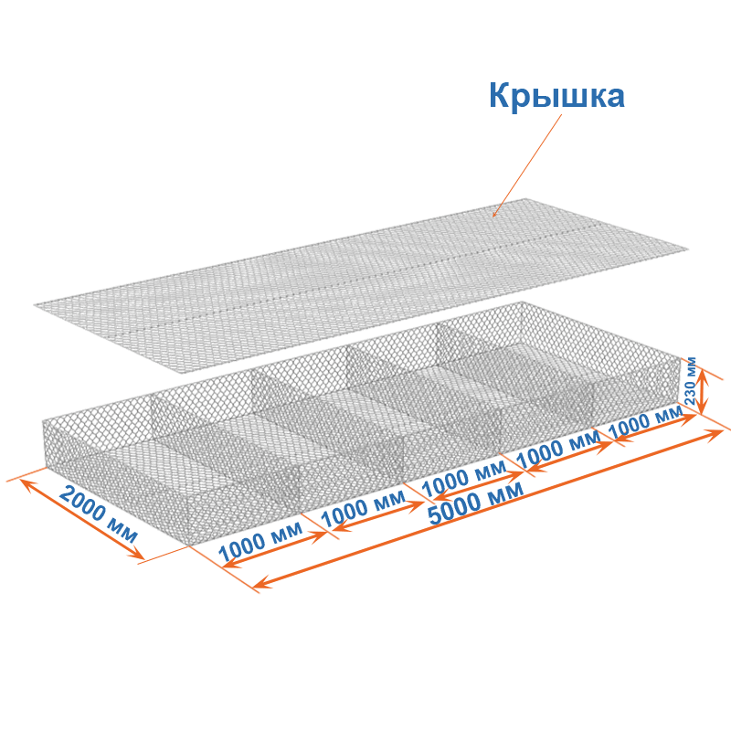 Габион матрац ГСИ-М 5х2х0,23 оцинкованный, Ø проволоки 2,7 мм, размер ячейки 8х10 см фото
