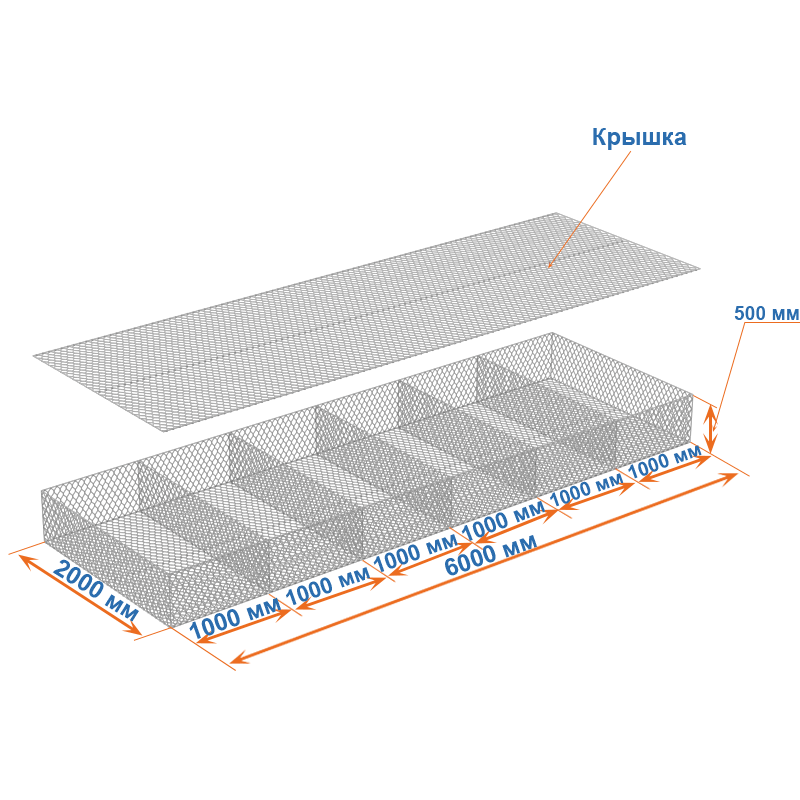 Габион матрац  ГСИ-М 6х2х0,5 оцинкованный, Ø проволоки 2,7 мм, размер ячейки 6х8 см фото